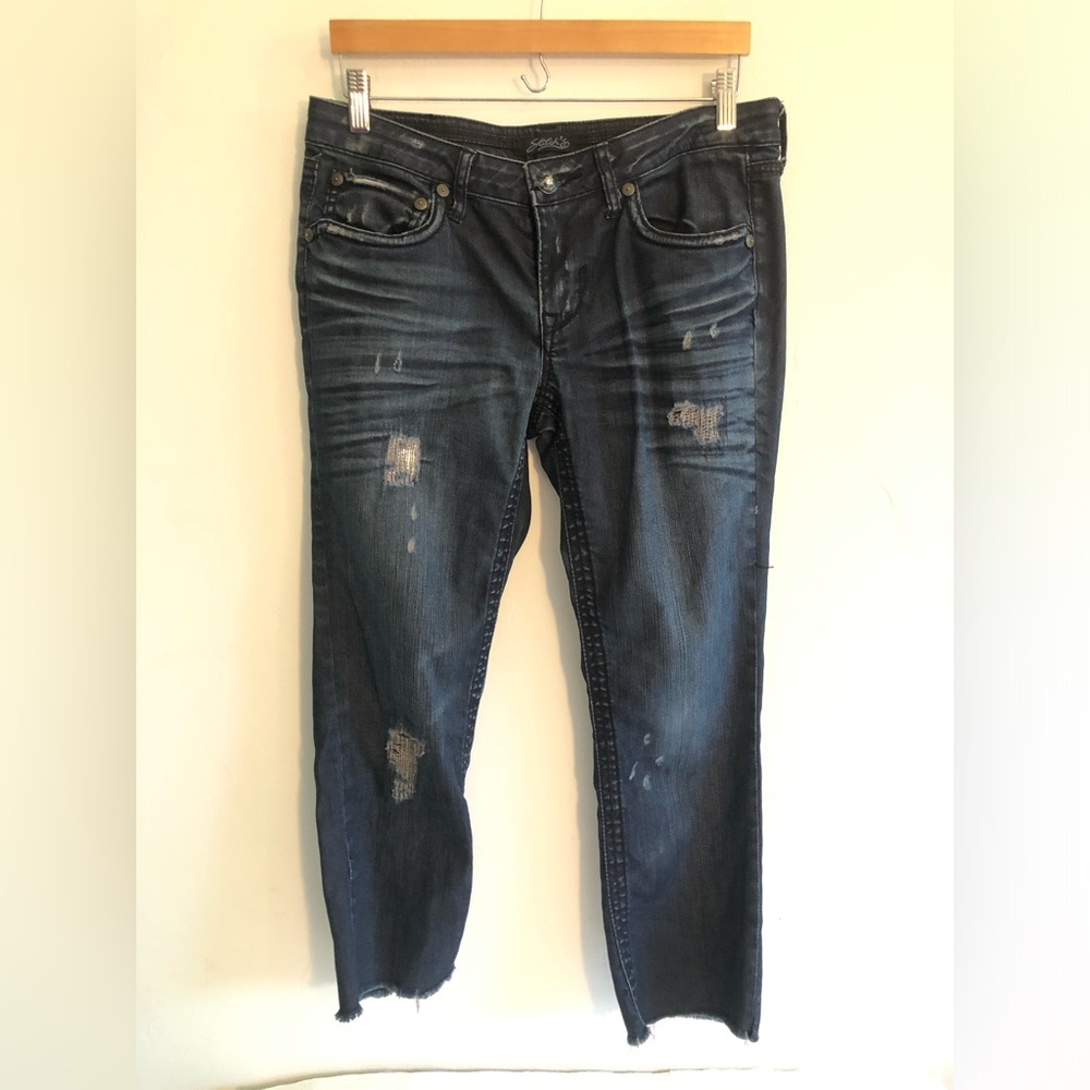 Stitch’s Jeans Women's Sz 29 Distressed Dark Blue Raw Hem Industrial Street Wear
